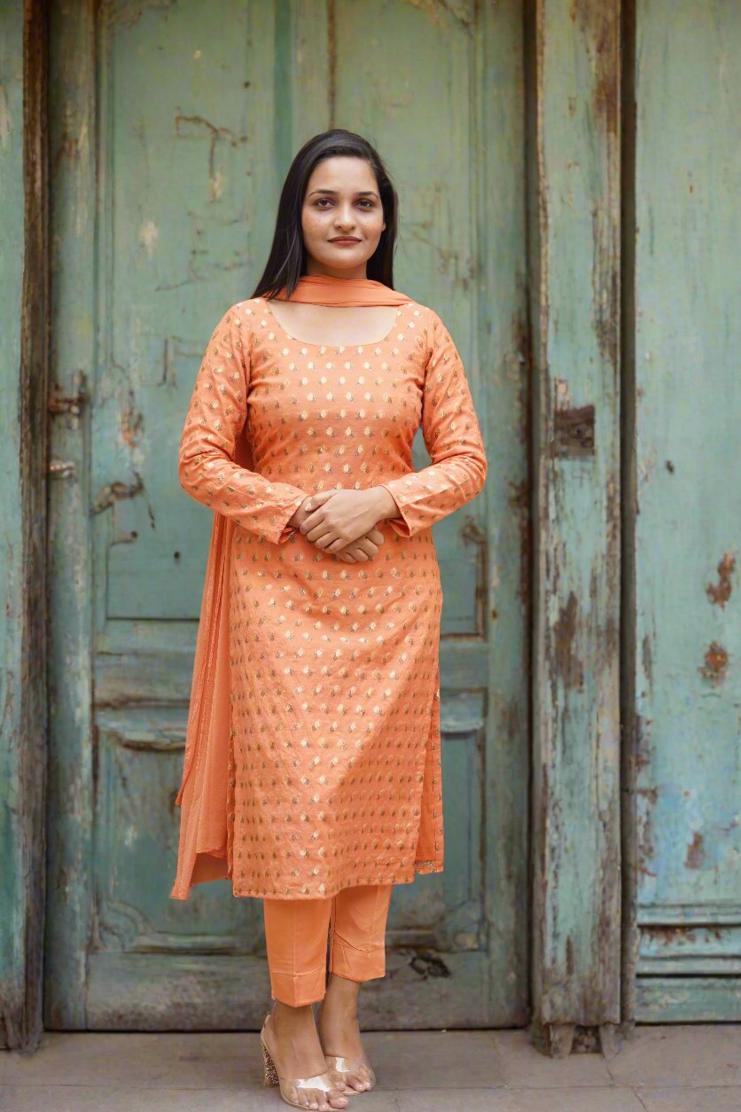 Elegant orange Chanderi suit set, designed for grace and style at special gatherings.