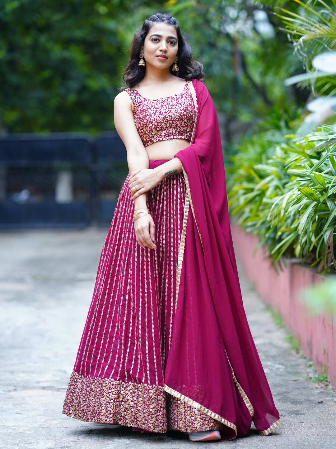 Dazzling Magenta Sequins Georgette Engagement Wear Lehenga Choli