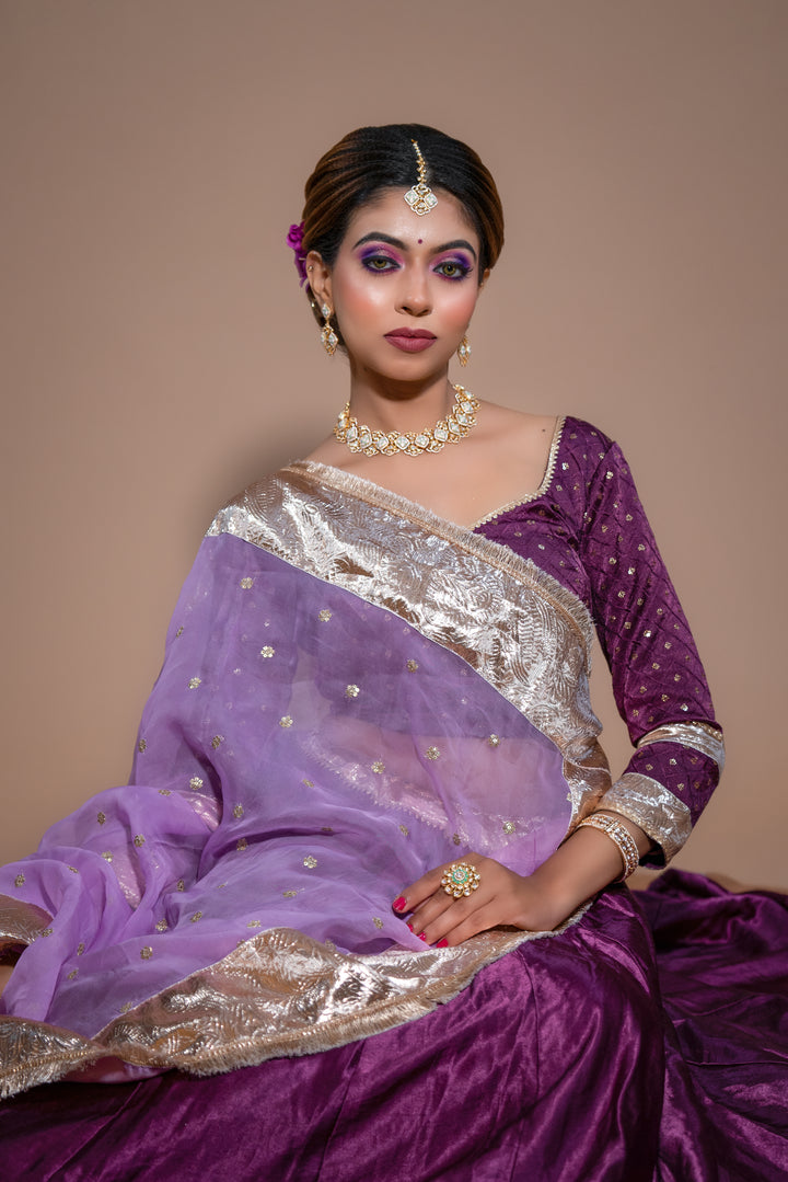 Wine Chaniya Choli with Designer Blouse | Gaji Silk Lehenga & Organza Dupatta