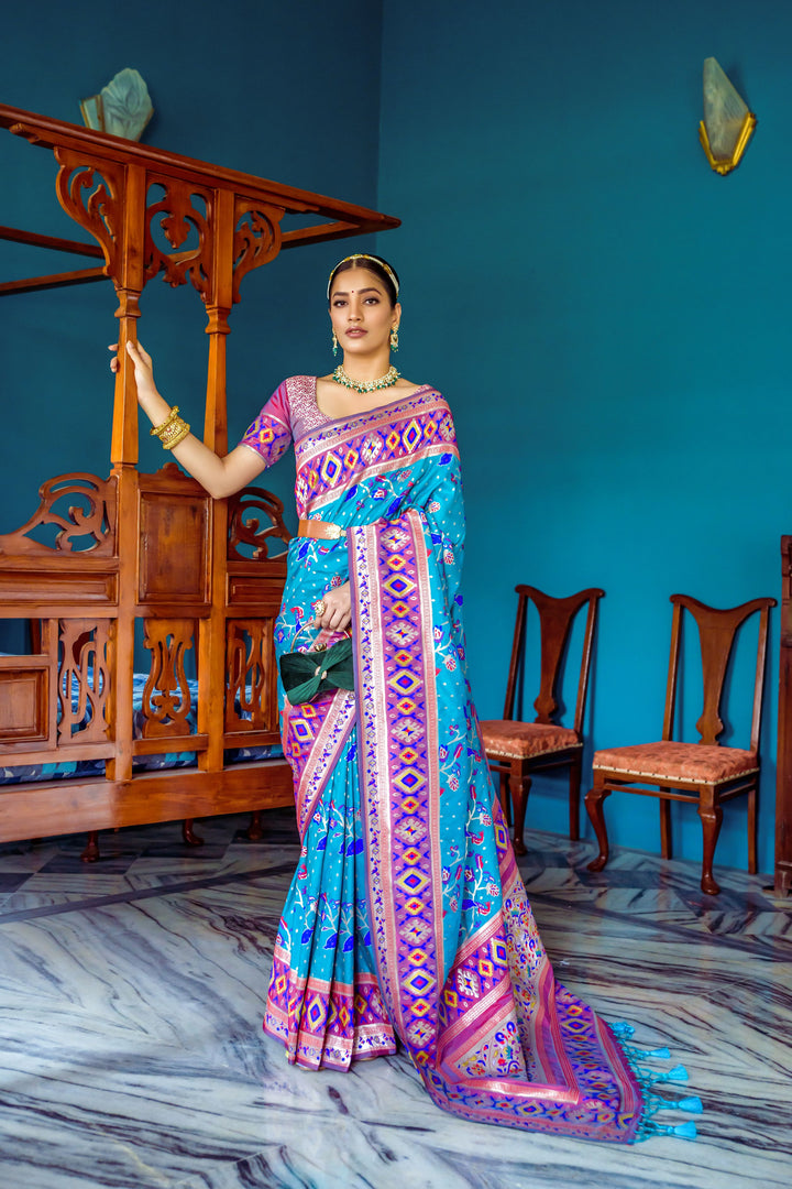 Elegant Blue Banarasi soft silk saree with meena and zari weaving, perfect for cultural and festive events.