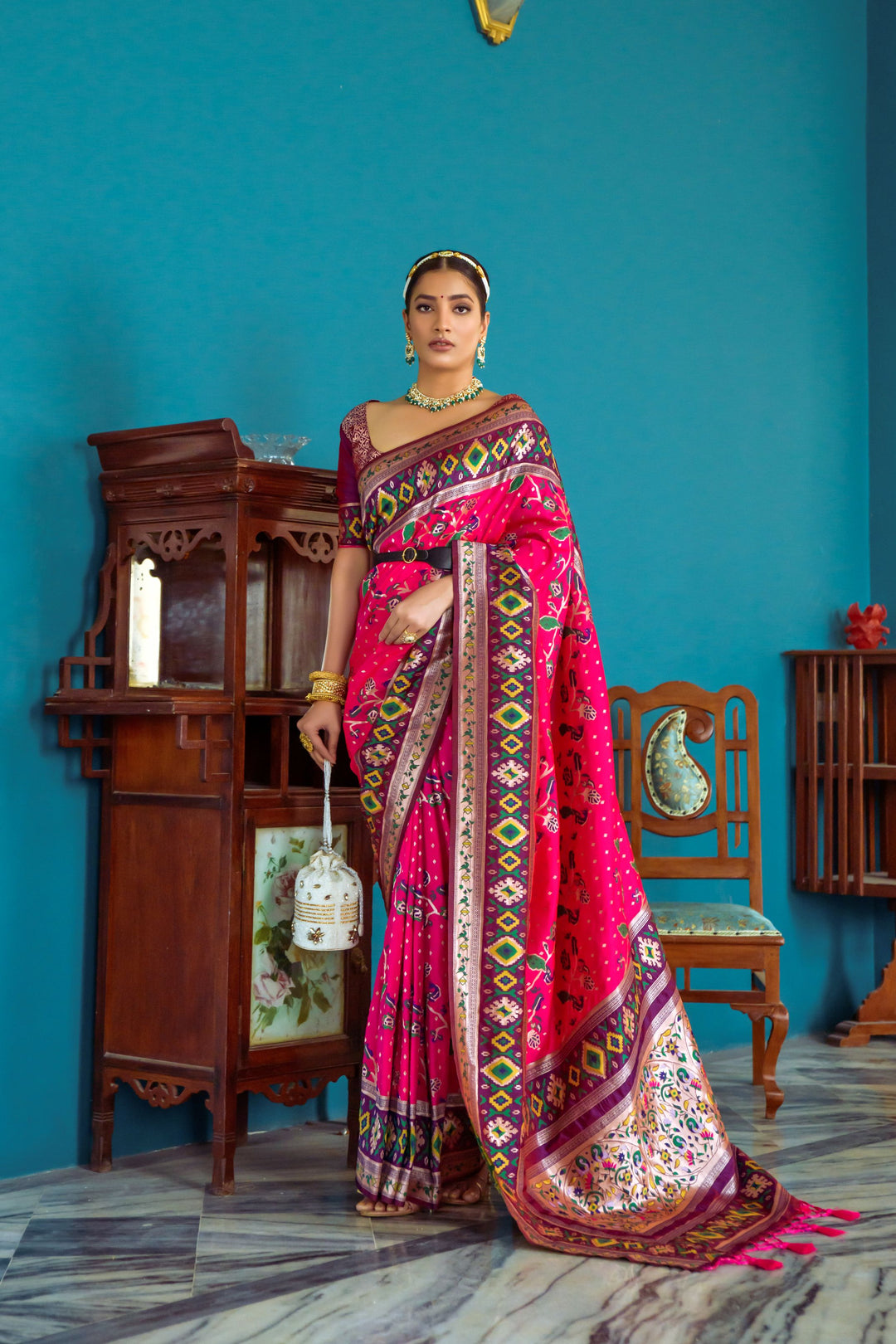 Designer Bright pink Indian saree with stunning meena and zari work, ideal for cultural and festive events.