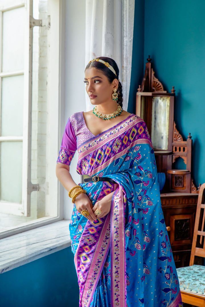 Exclusive Blue Banarasi saree with meena and zari work, perfect for weddings and festive celebrations.