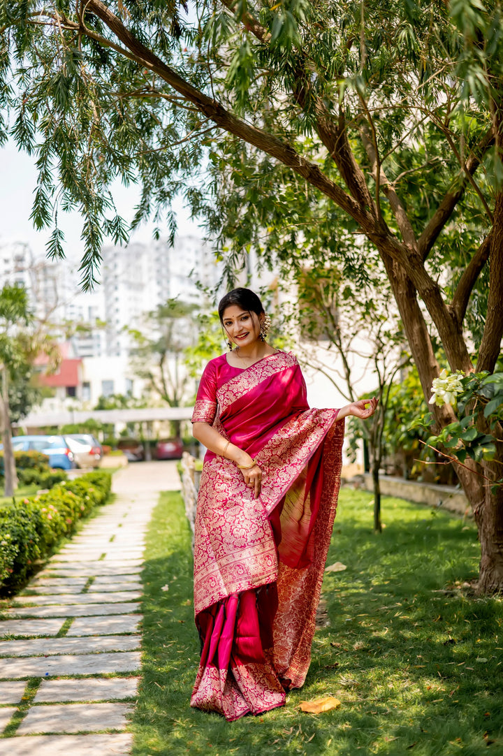 Vibrant yellow handloom raw silk saree with intricate weaving pallu and blouse piece, perfect for wedding celebrations.