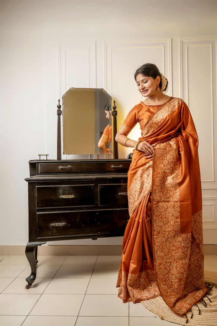 Bold red handloom raw silk saree with intricate weaving pallu and blouse piece, perfect for elegant events.