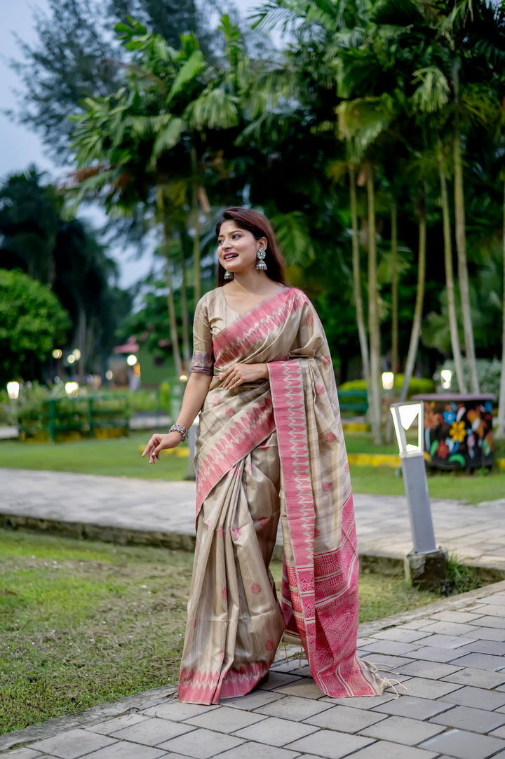 Gorgeous blue Tussar silk saree featuring intricate all-over weaving and a stylish pallu design, ideal for evening celebrations.