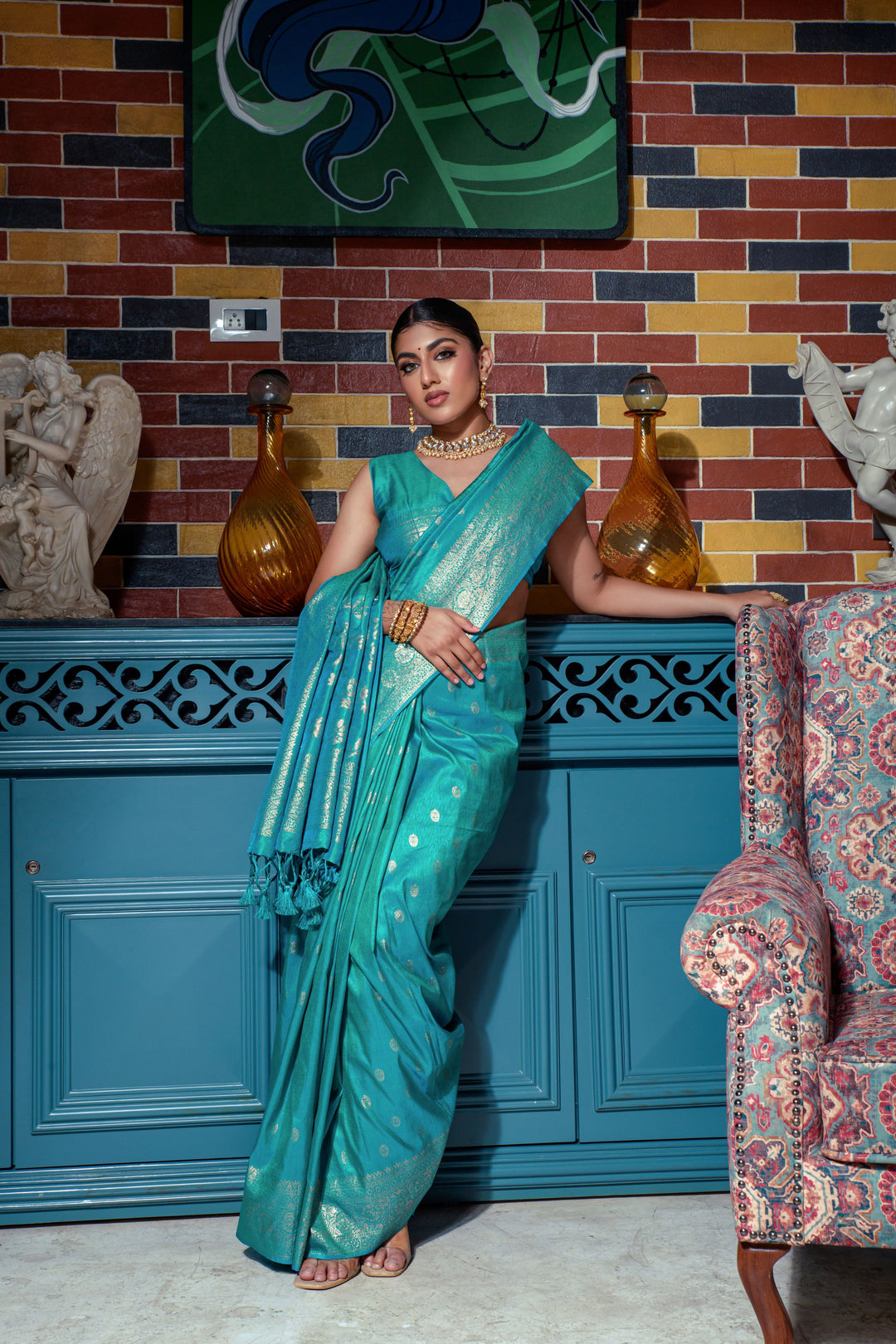 Classic Sea blue Indian saree featuring luxurious zari weaving and a stunning border, ideal for festive occasions and weddings.