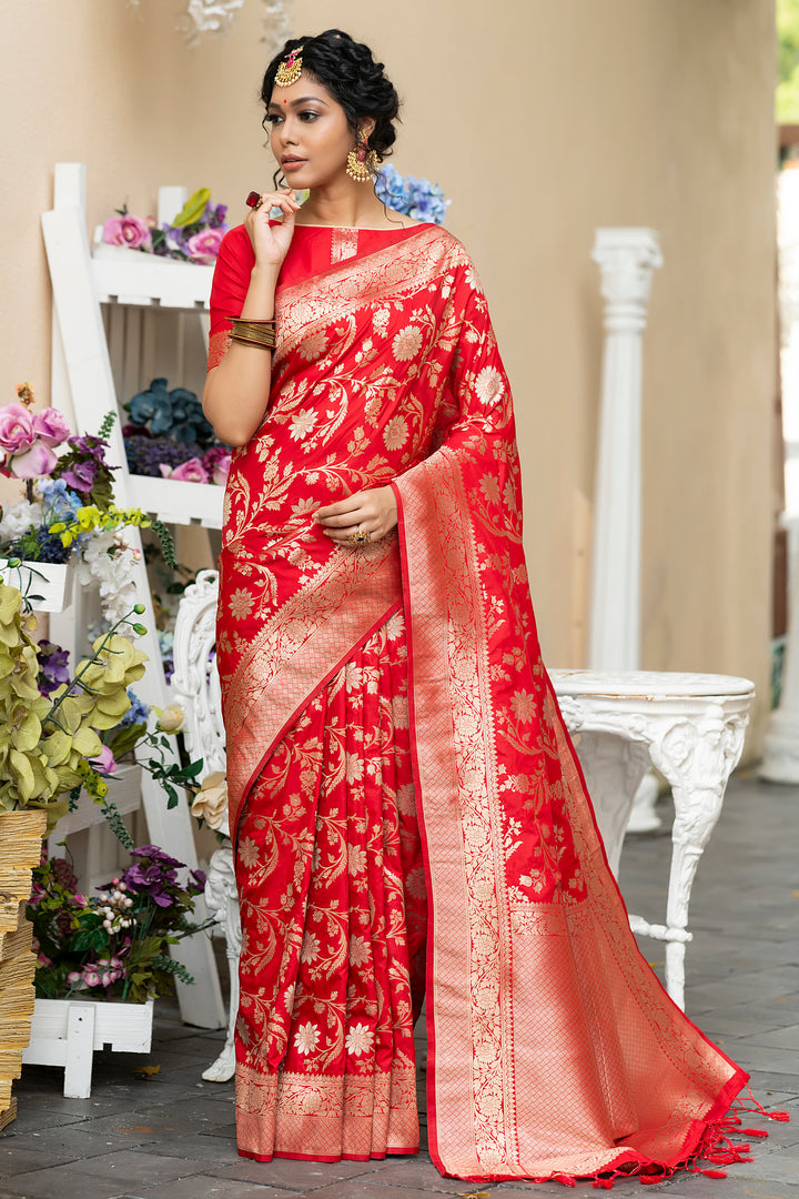 Soft Banarasi Katan silk saree with all-over pure zari weaves and fancy tassels