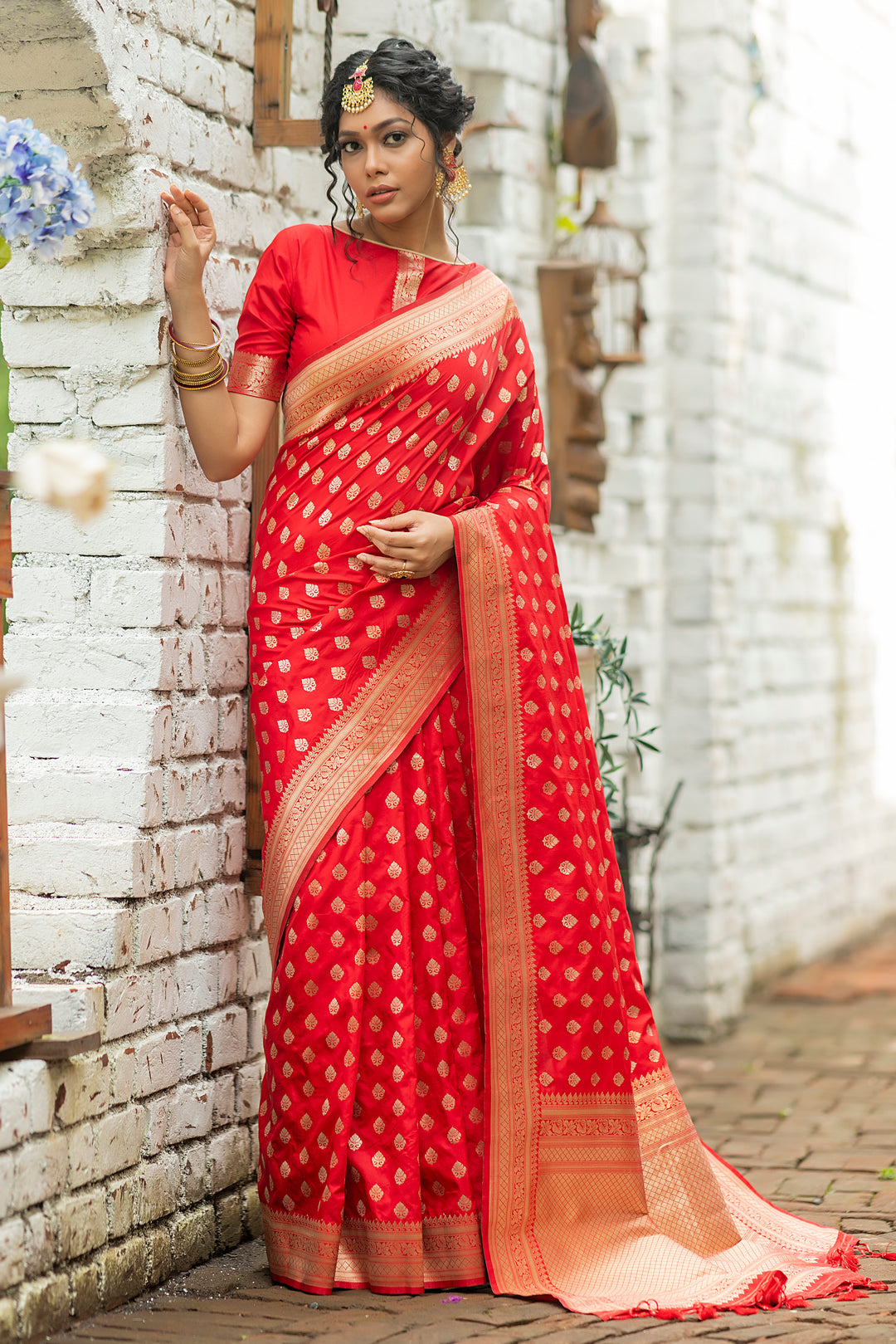 Elegant Banarasi Katan silk saree featuring pure zari weaving and woven pallu