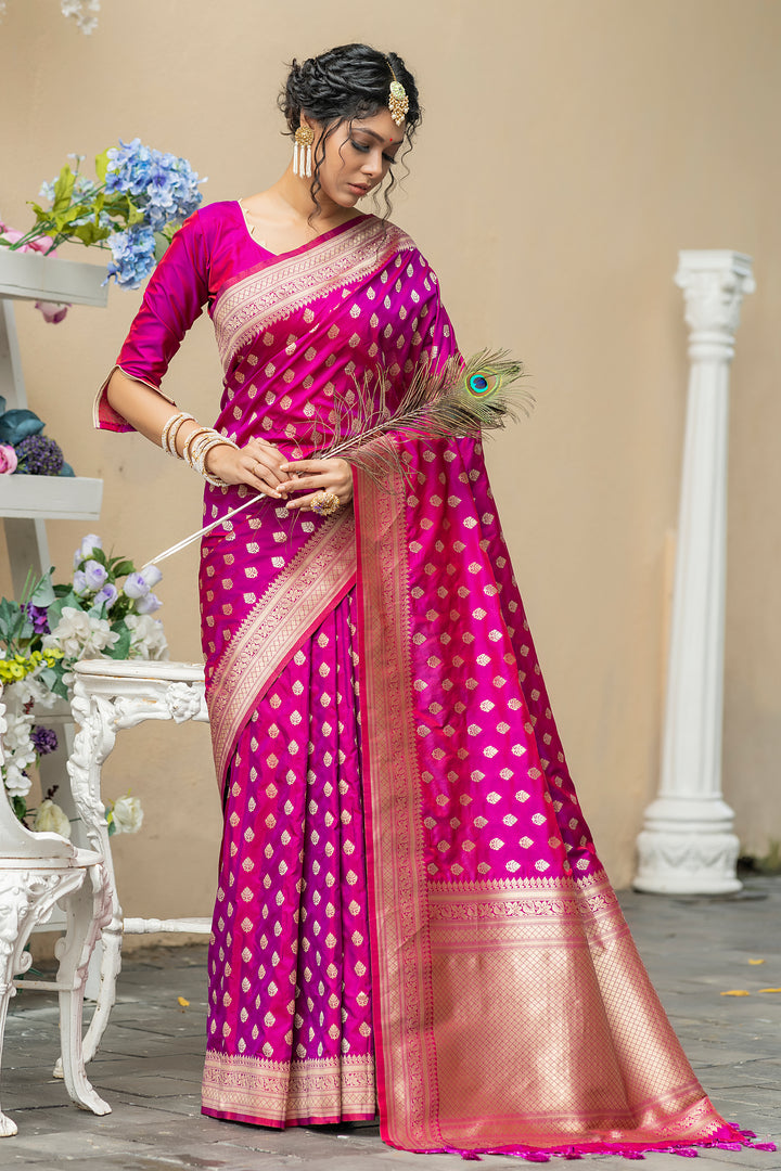 Soft Banarasi Katan silk saree with pure zari weaving and tassel-adorned border