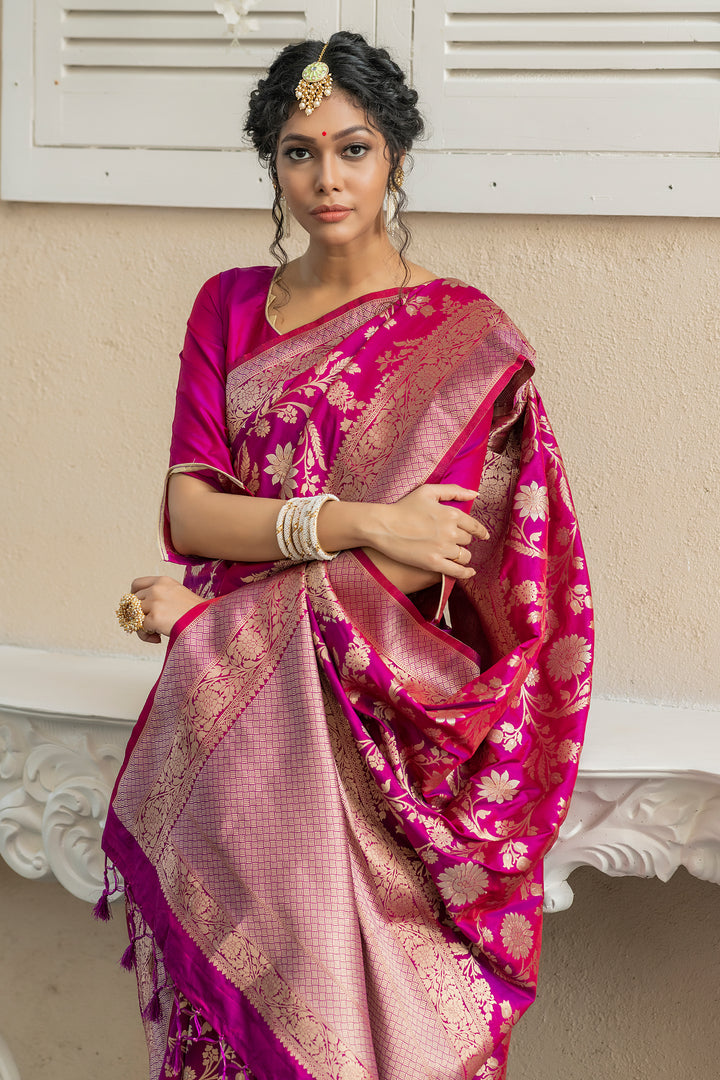 Banarasi Katan silk saree featuring pure zari weaving and ornate woven pallu