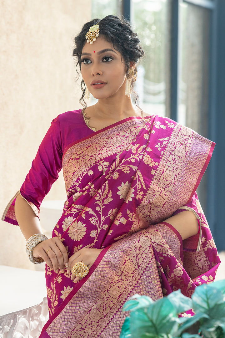 Soft Banarasi Katan silk saree with intricate zari weaves and fancy tassels for special events