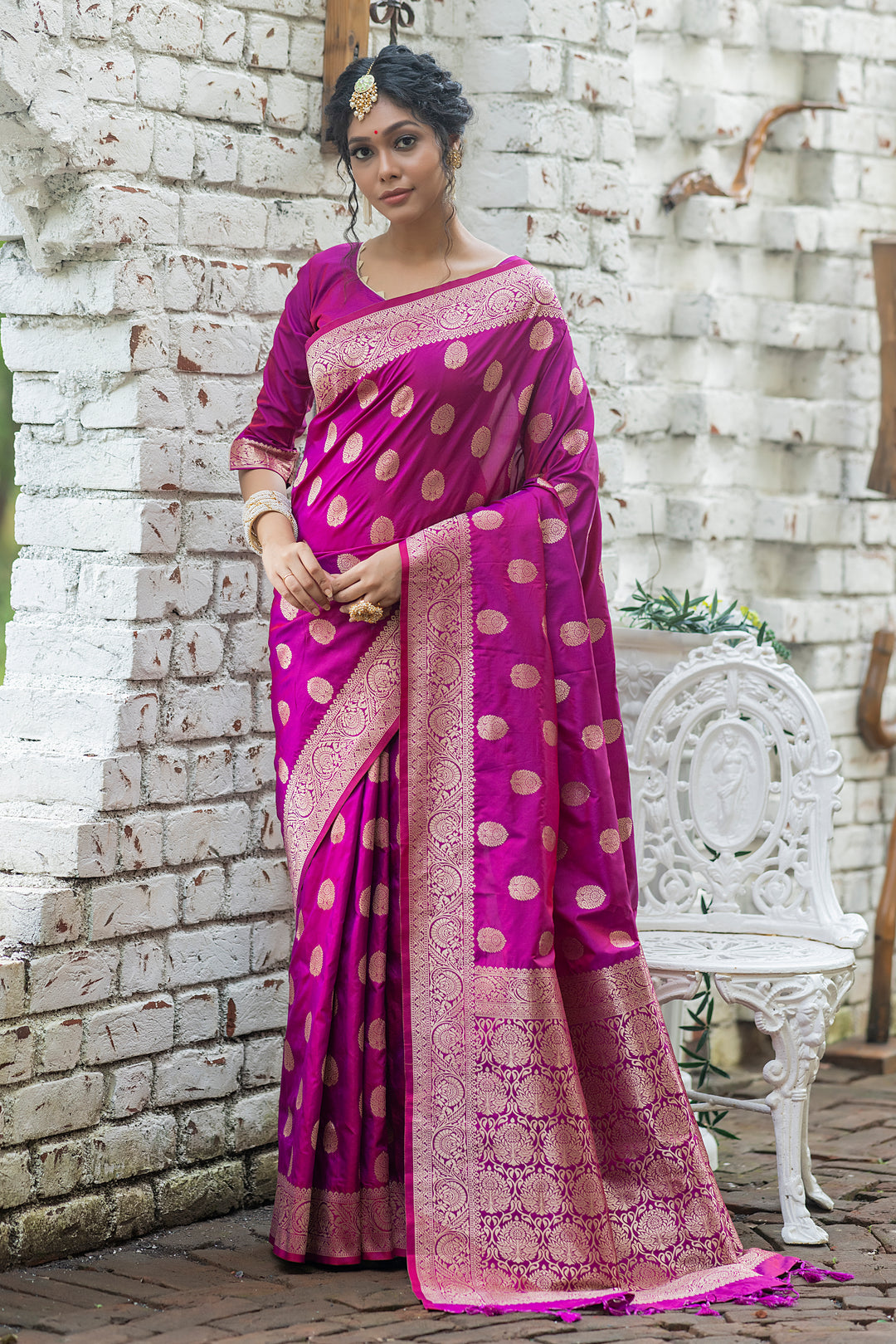 Elegant Banarasi Katan silk saree with woven pallu and matching blouse piece