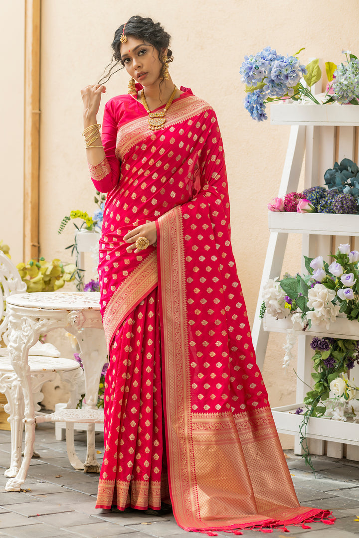 Soft Banarasi Katan silk saree with beautiful zari weaves and matching blouse piece