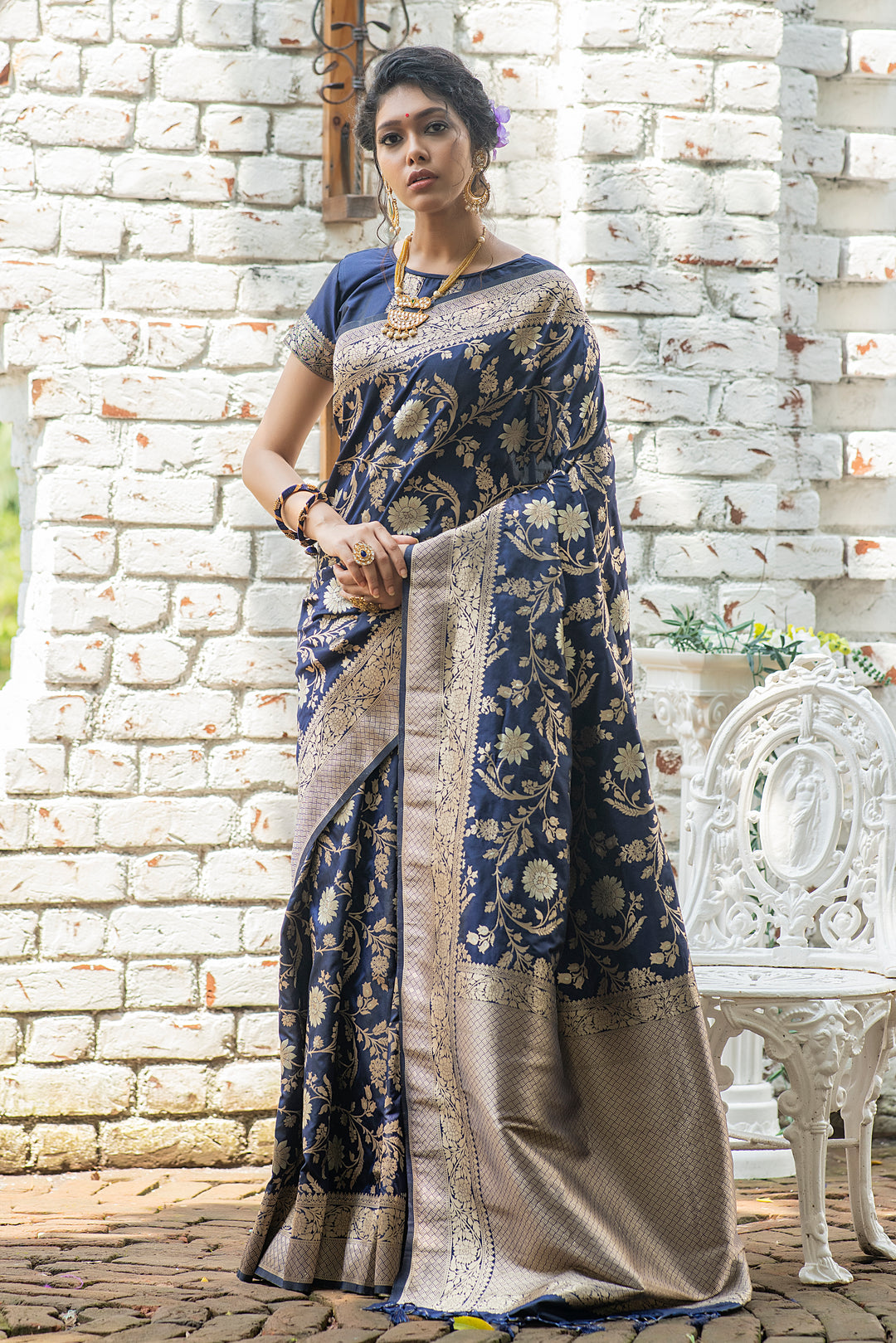 Soft Banarasi Katan silk saree with intricate zari design and fancy tassels