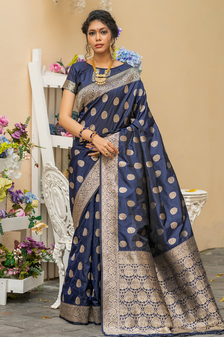 Banarasi Katan silk saree with elegant woven pallu and matching blouse piece