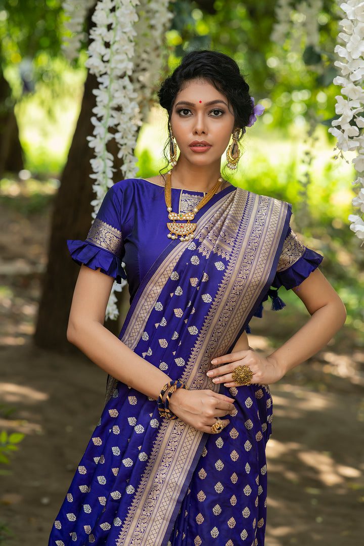 Soft Banarasi Katan silk saree with beautiful zari weaves and tassel detailing