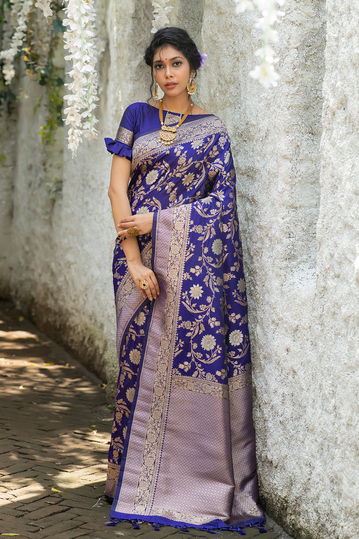 Soft Banarasi Katan silk saree with all-over zari weaves and fancy border for festive occasions