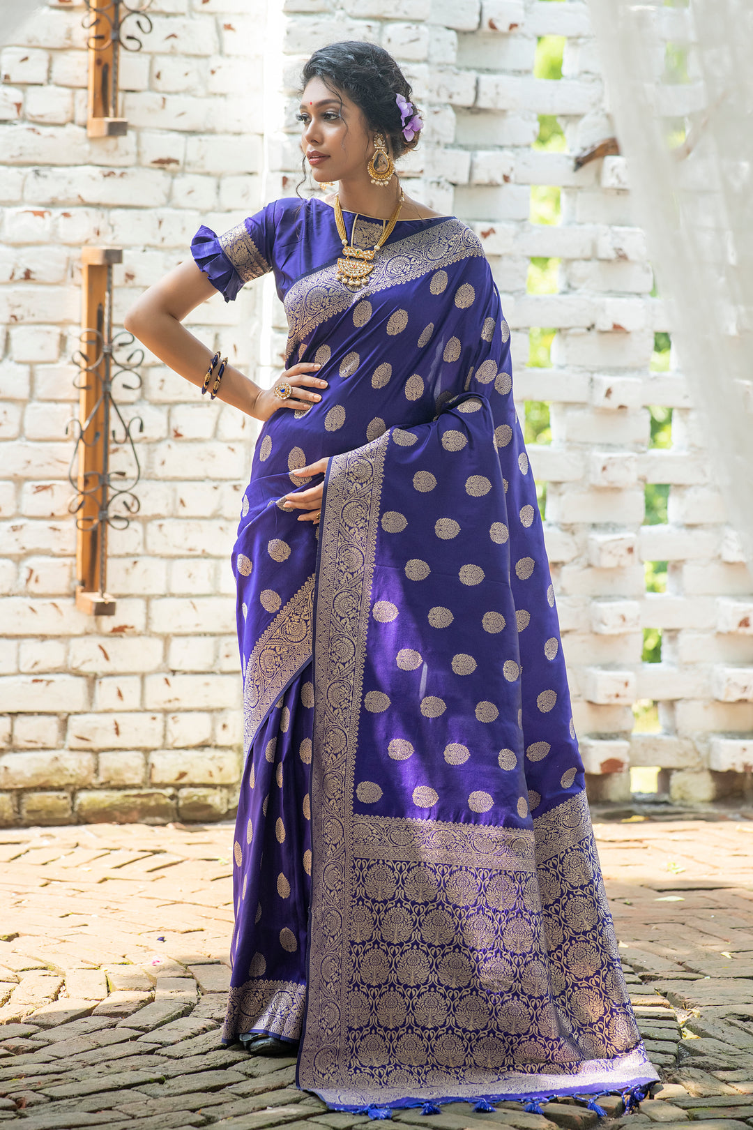 Banarasi Katan silk saree with fancy tassels and a stunning zari woven pallu