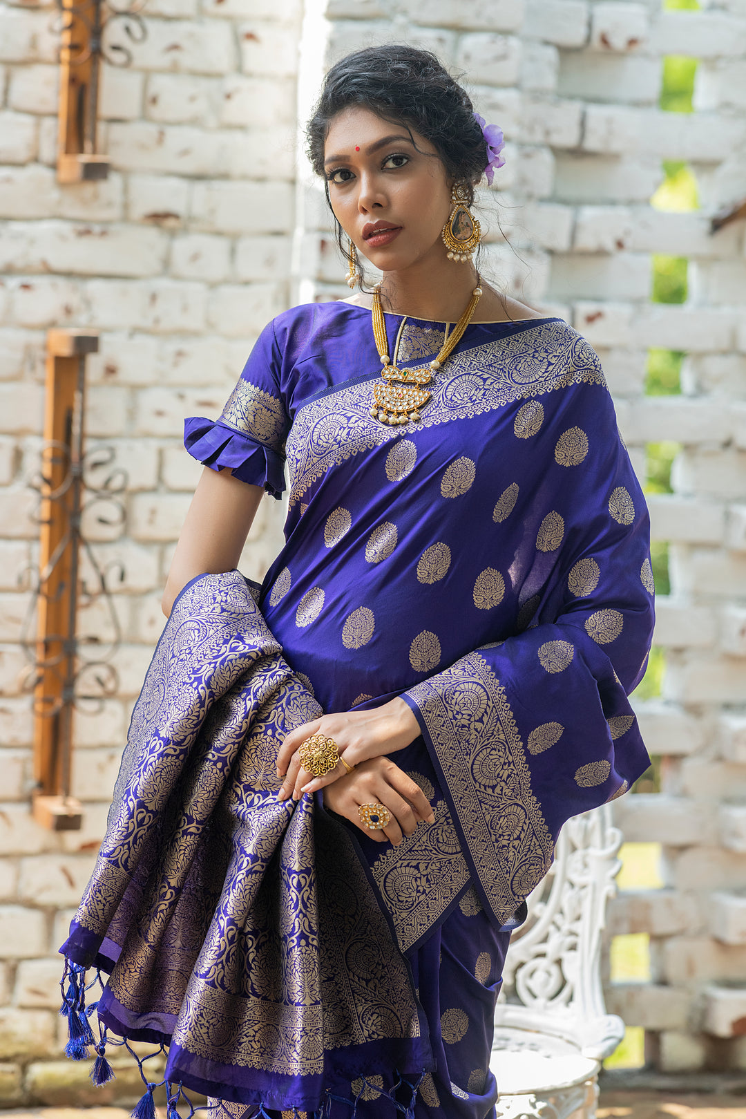 Soft Banarasi Katan silk saree with all-over zari weaves, perfect for celebrations