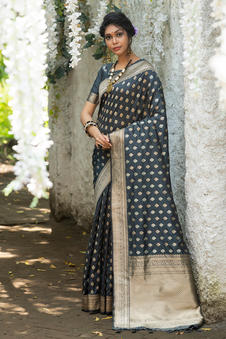 Banarasi Katan silk saree with a gorgeous zari border, woven pallu, and tassels