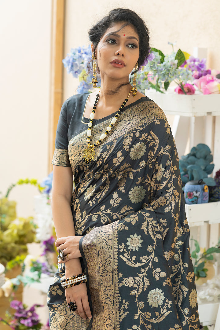 Soft Banarasi Katan silk saree with delicate zari weaving, perfect for weddings and festivals