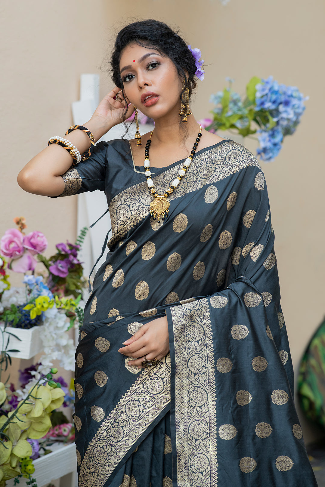 Banarasi Katan silk saree with a matching blouse piece and beautiful zari weaving