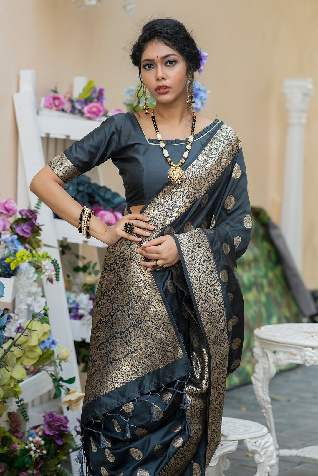 Banarasi Katan silk saree with elegant zari weaving, woven pallu, and matching blouse piece