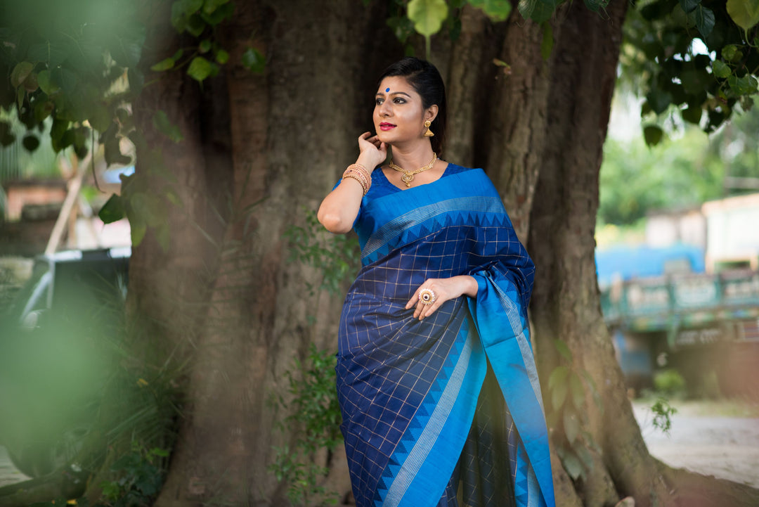 Raw silk saree with checks, contrast temple woven border, and zari pallu