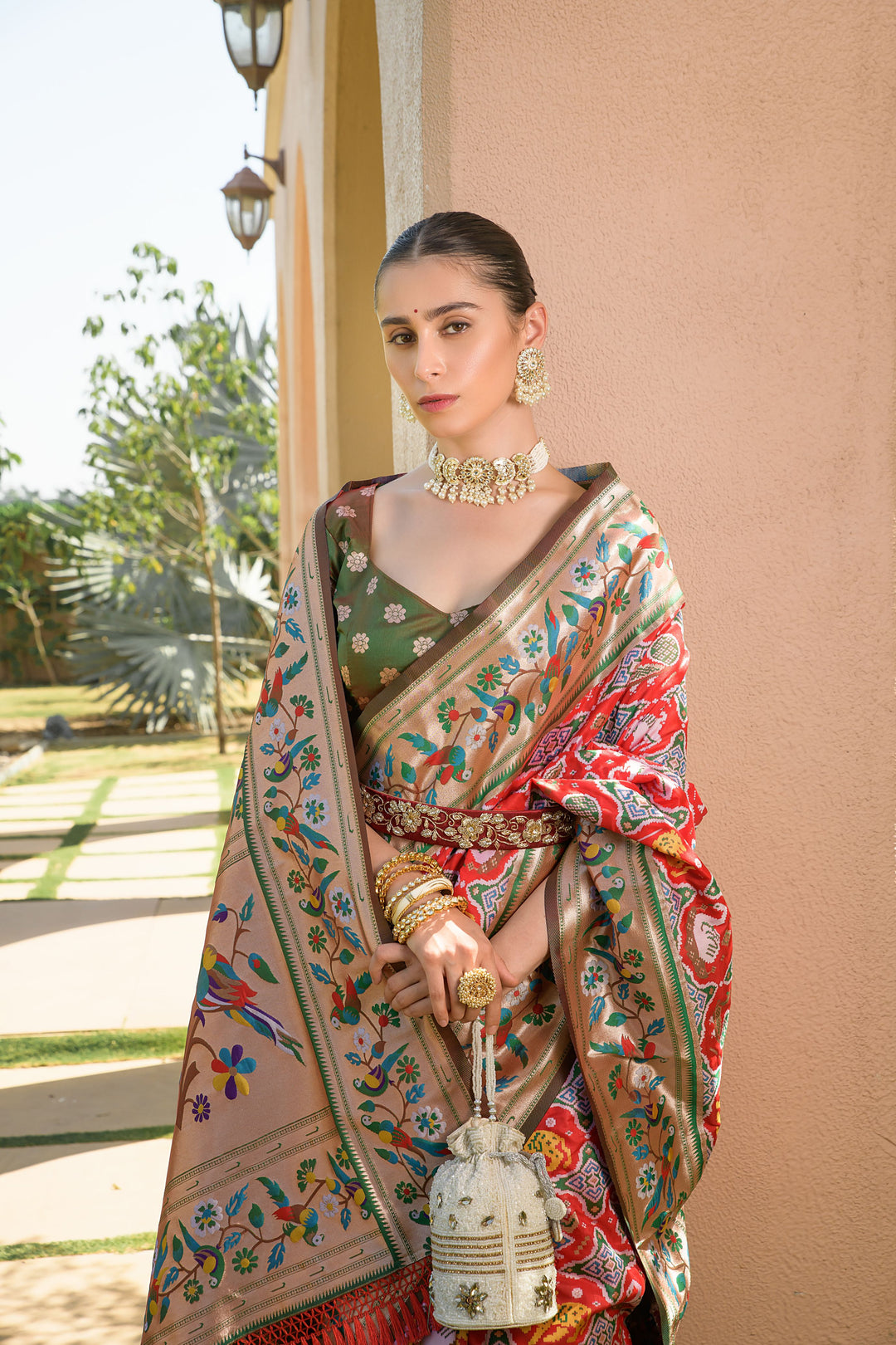 Stunning Red Indian saree with exquisite Paithani Patola weave, perfect for weddings and festive celebrations.