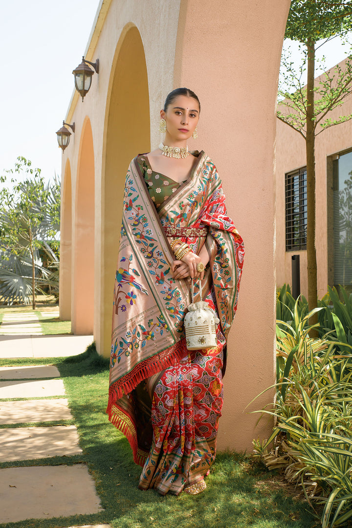 Fancy Red saree featuring traditional Paithani weaving and a luxurious pallu, ideal for ethnic fashion lovers.