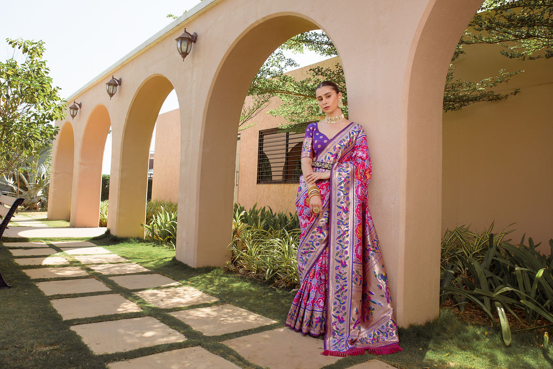 Designer Purple Indian sari with zari and meena patterns, perfect for cultural attire and weddings.