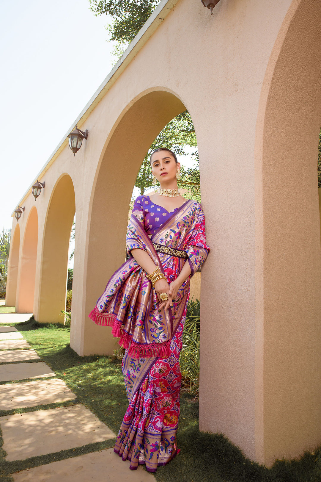 Purple Paithani Patola saree with meena and zari weaving, perfect for an ethnic fashion statement at weddings.