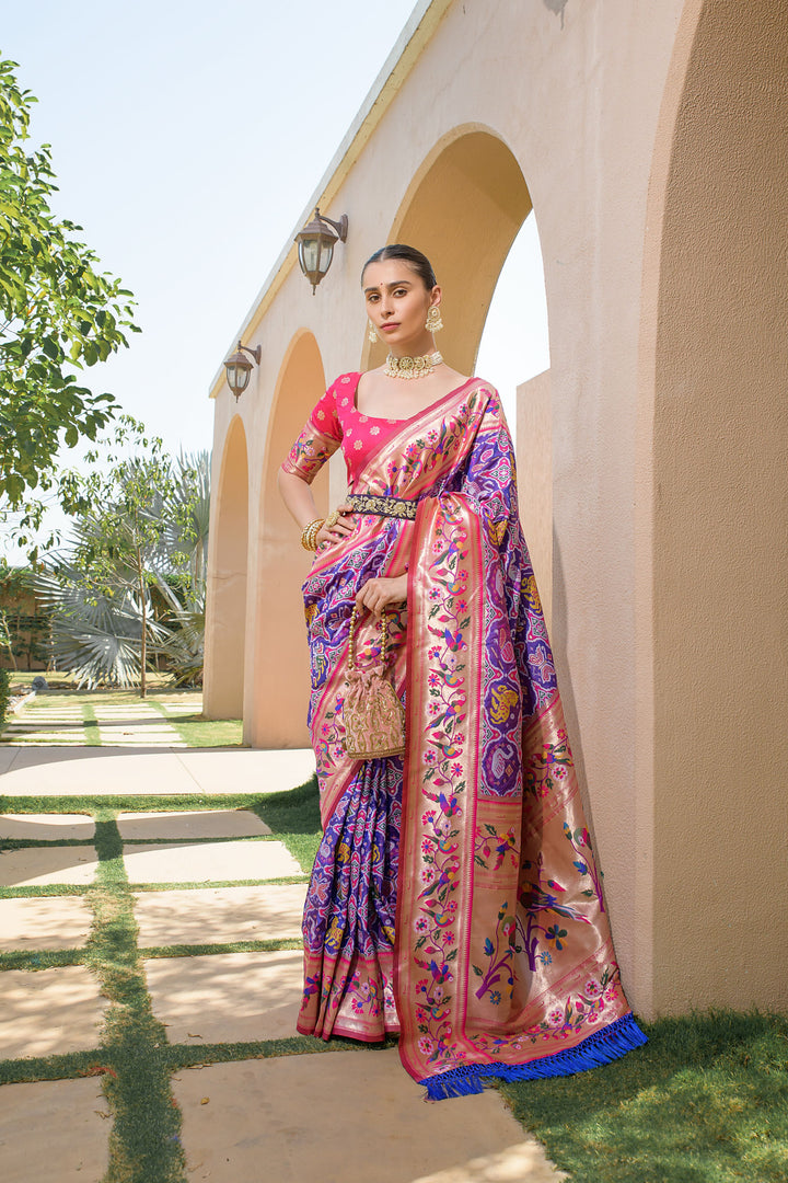 Timeless Magenta Banarasi saree featuring intricate Paithani weaving, perfect for traditional Indian wedding attire.