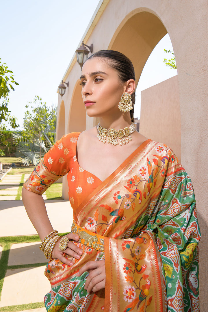 Gorgeous Lime green saree with a Paithani-style border, ideal for making a statement at cultural celebrations.