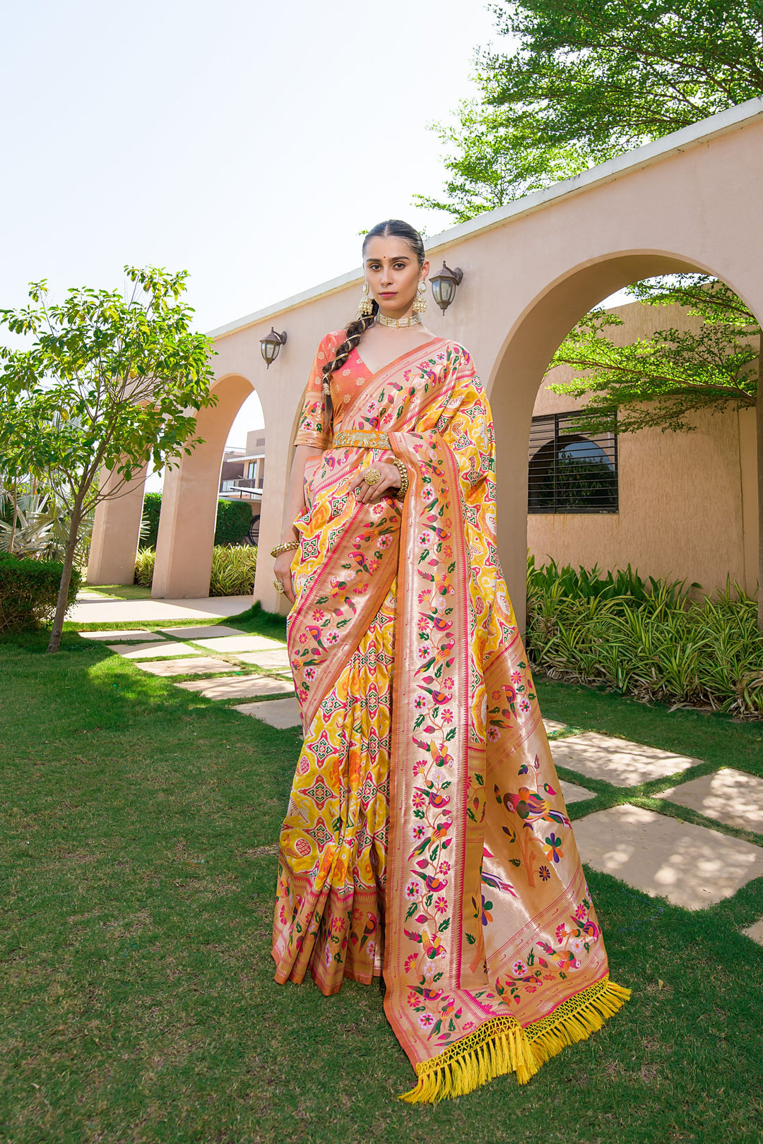 Fancy Yellow Paithani saree with stunning zari and meena work, a perfect Indian sari for cultural celebrations.