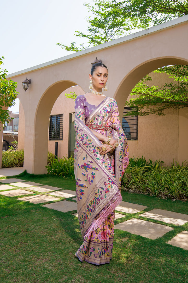 Designer Pink Indian saree with Paithani weave, perfect for a luxurious and elegant look at weddings.