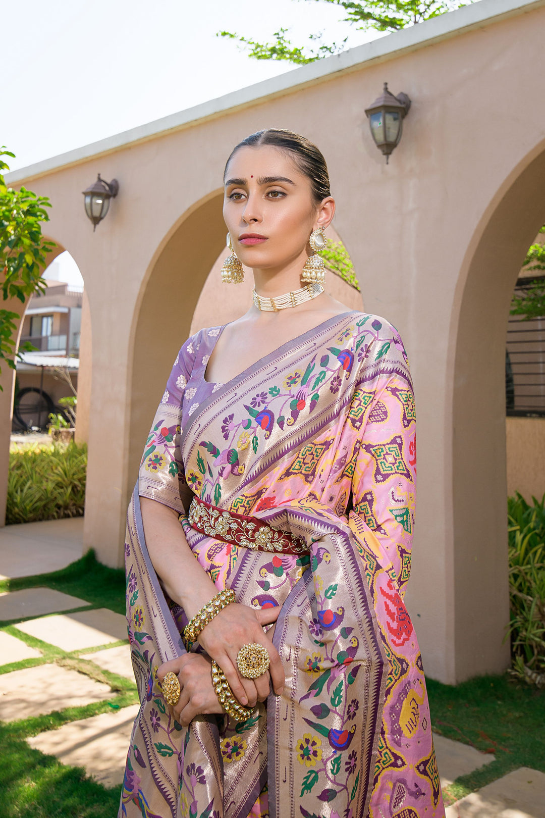 Traditional Pink saree with Paithani-style border and meena design, perfect for cultural fashion enthusiasts.