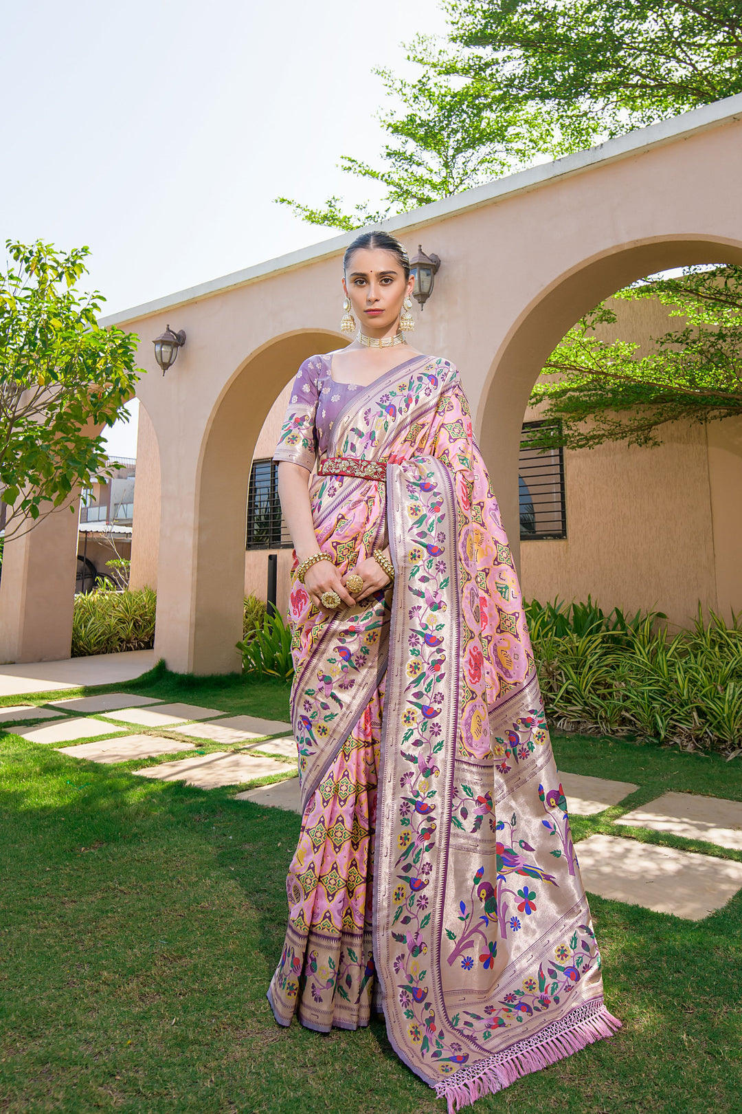 Pink Paithani saree with intricate meena and zari patterns, perfect for cultural attire and Indian weddings.