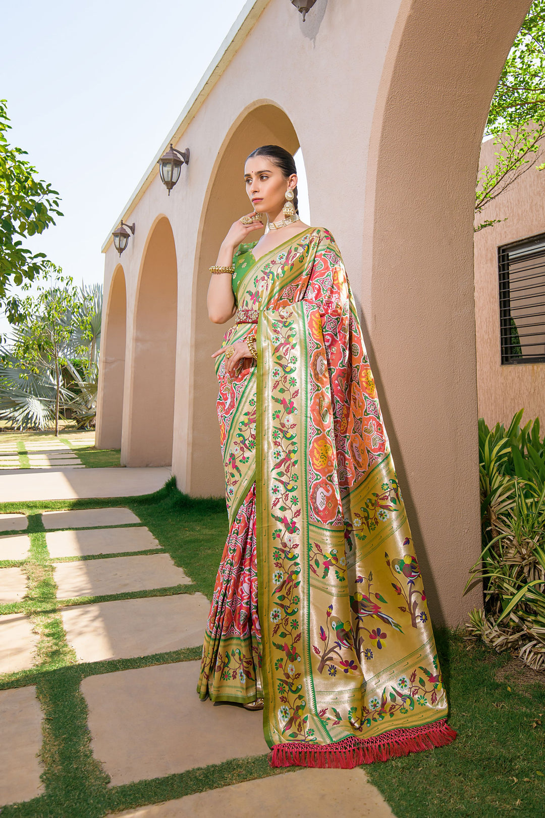 Fancy Olive saree with Paithani-style border and luxurious pallu, ideal for festive and wedding celebrations.