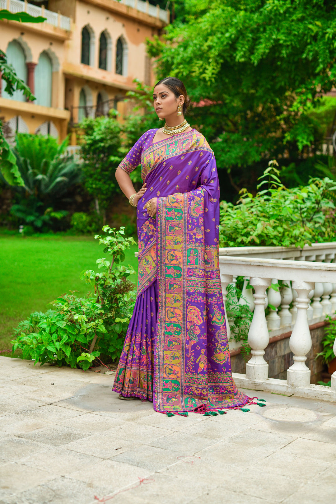 Elegant Kashmiri Pashmina silk saree with Meena weaving and decorative tassels