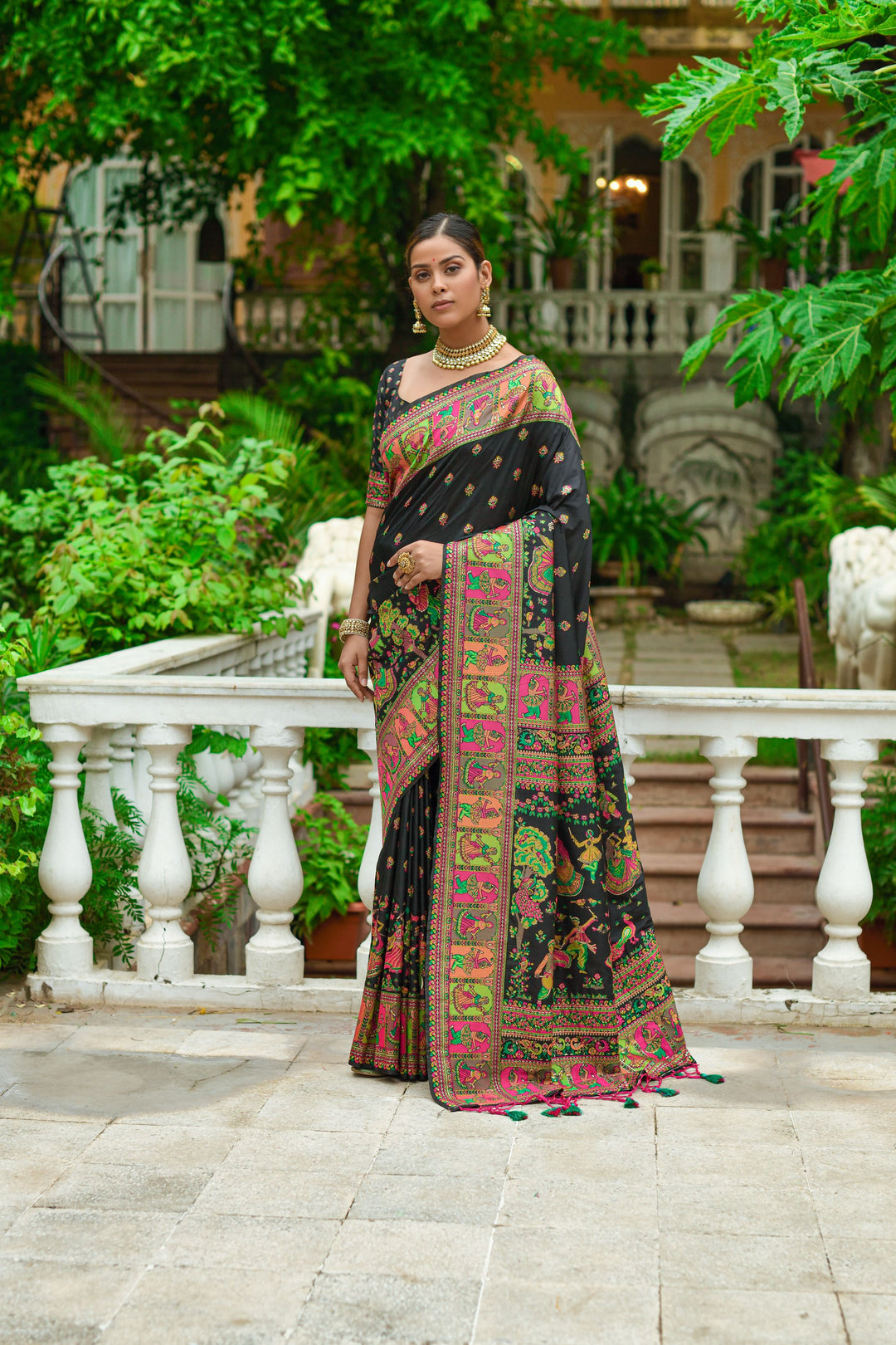 Kashmiri Pashmina silk saree with all-over Meena weaving and tassels, perfect for celebrations