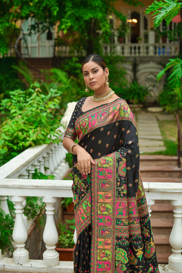 Stunning Kashmiri Pashmina silk saree with Meena weaves and fancy tassels