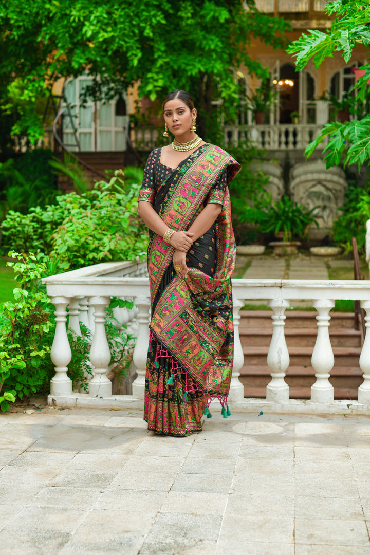 Kashmiri Pashmina silk saree with intricate Meena weaving, ideal for weddings