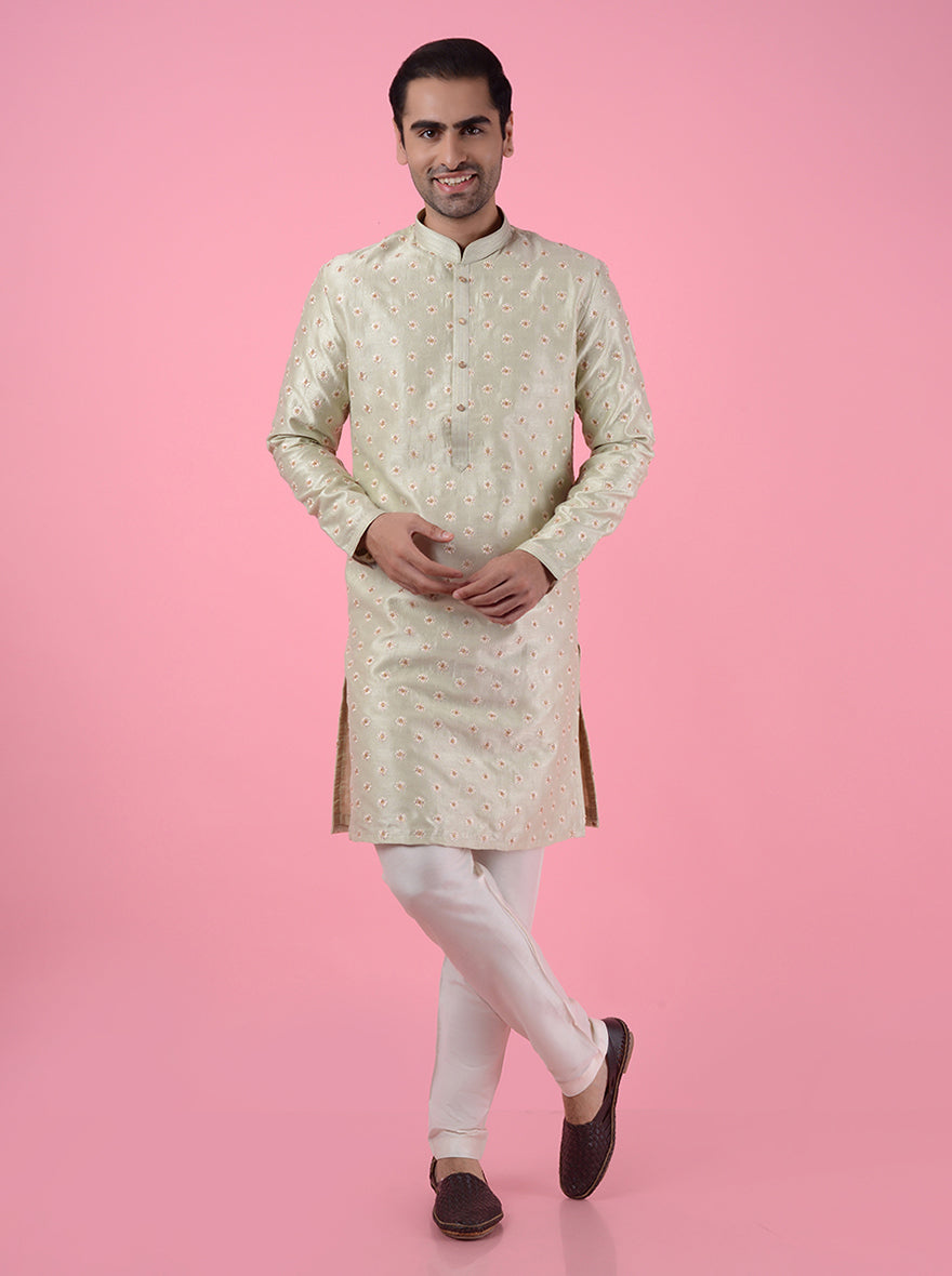 Enjoy sophistication with this stylish pista kurta pajama, crafted from luxurious silk for comfort.