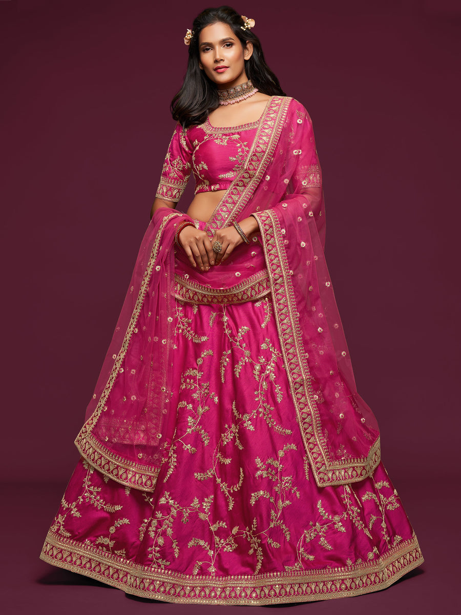 Pink bridal lehenga with thread and zari embroidery for weddings