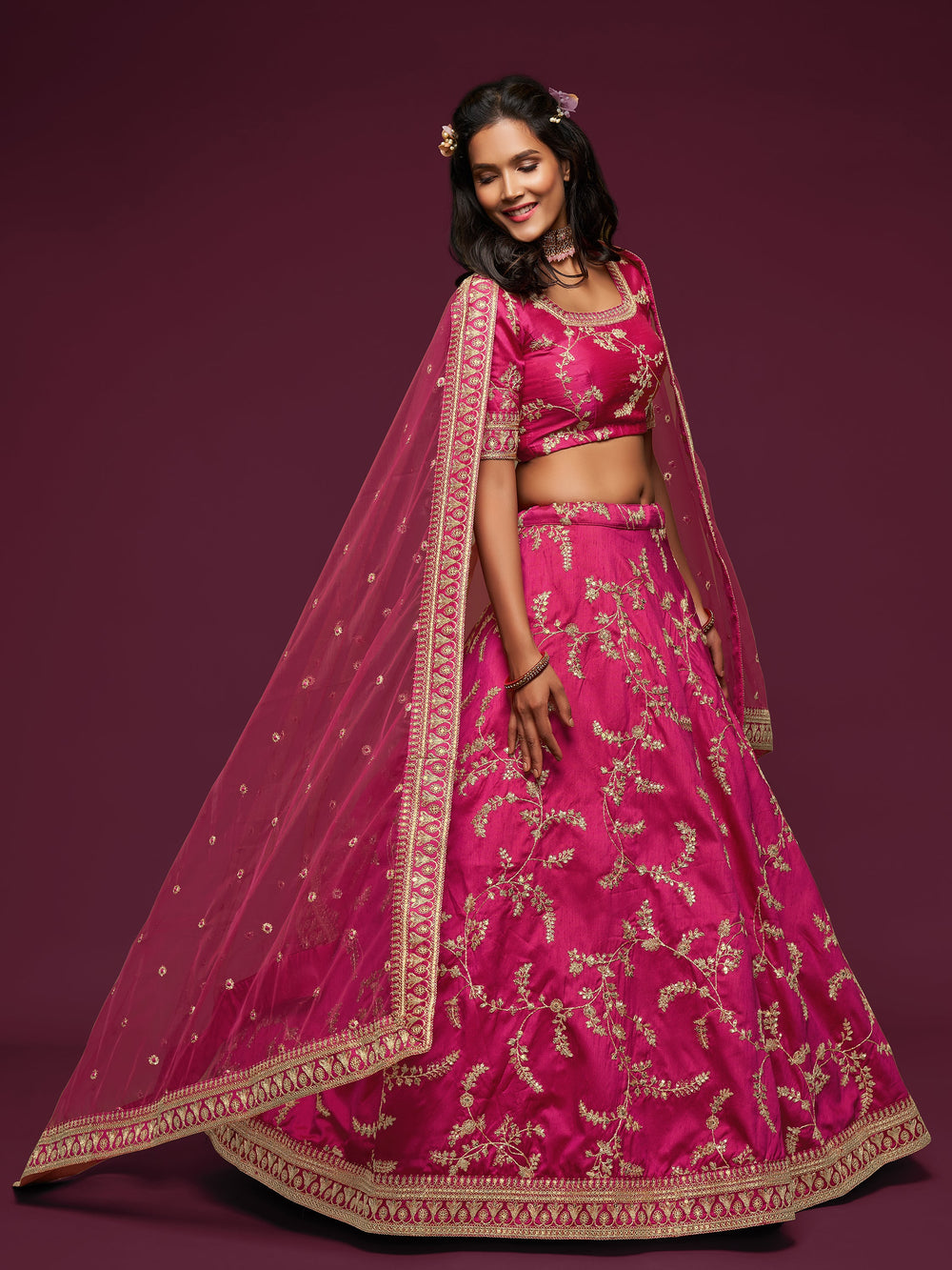 Art silk pink lehenga choli with net dupatta and lace detailing