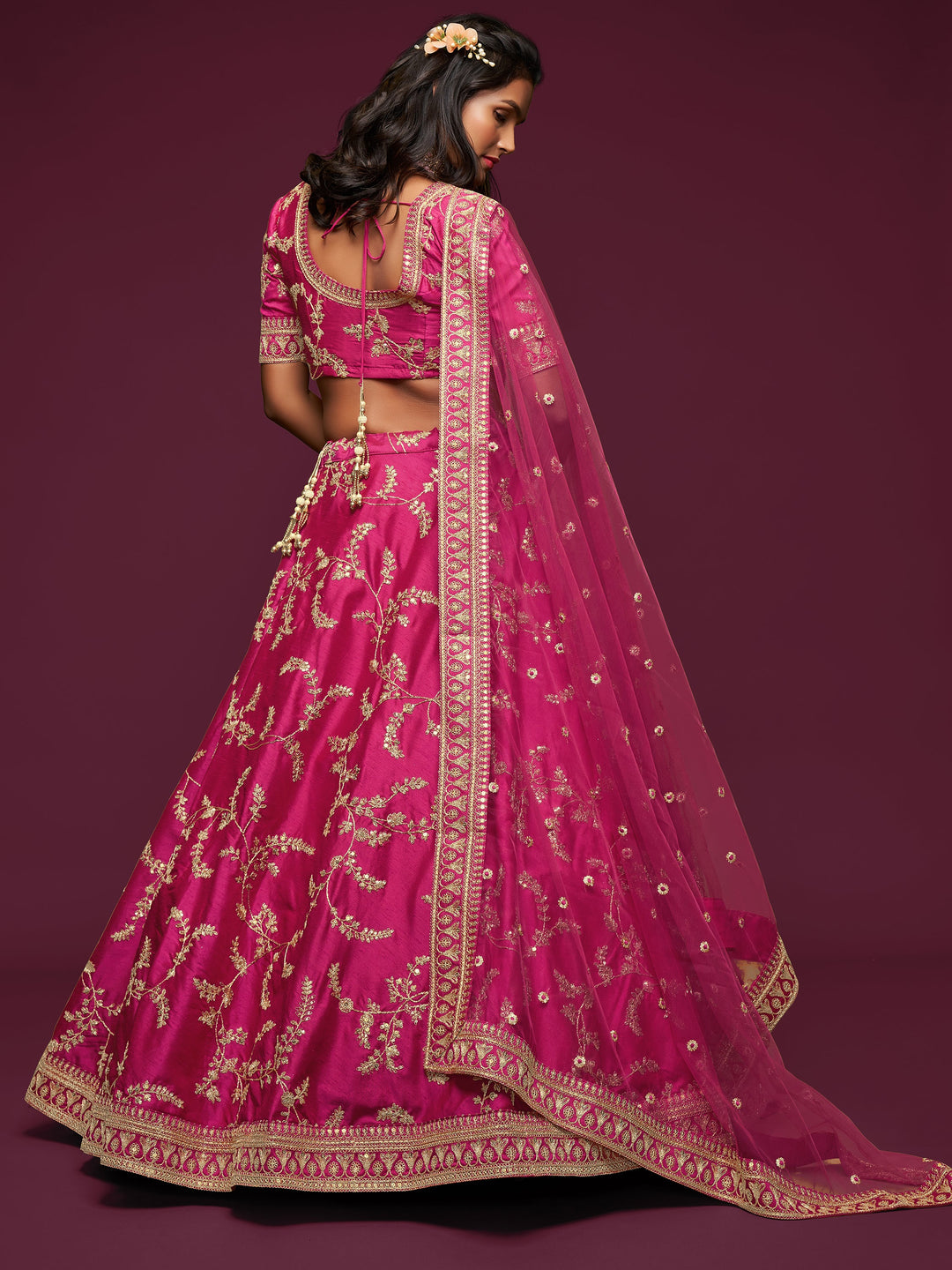 Customizable pink lehenga dress with unstitched choli material