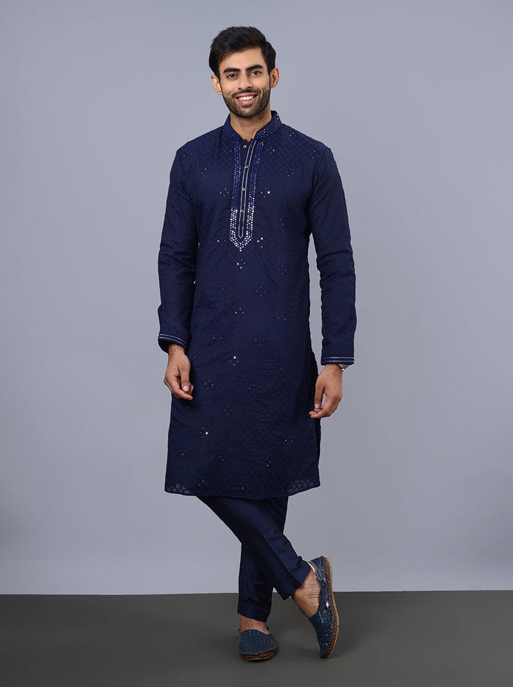 Elegant navy blue kurta for men, designed for a sophisticated look.