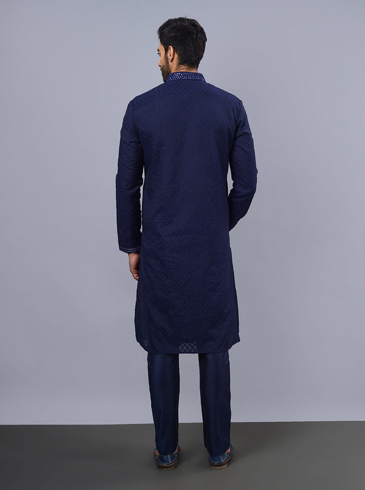 Premium silk blend navy blue kurta pajama, perfect for any event.