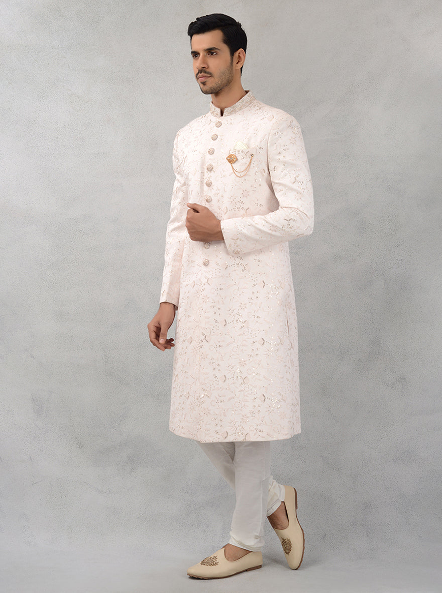 Elevate your wedding attire with this cream georgette sherwani, showcasing beautiful embroidery for a distinguished look at celebrations in the USA.